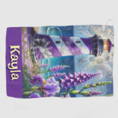 Lila Leuchtturm mit Foxglove & Iris Personalisiert Golfhandtuch (Horizontal)
