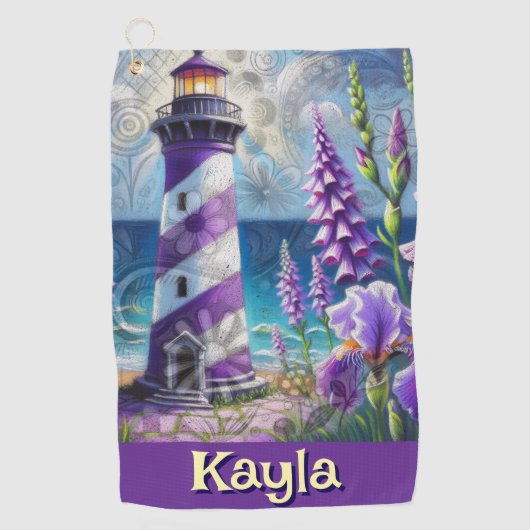 Lila Leuchtturm mit Foxglove & Iris Personalisiert Golfhandtuch (Vorderseite)