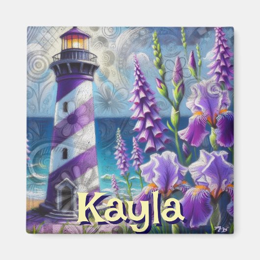 Lila Leuchtturm mit Foxglove & Iris Personalisiert Magnet (Vorne)