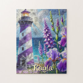 Lila Leuchtturm mit Foxglove & Iris Personalisiert Puzzle