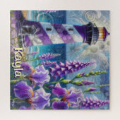 Lila Leuchtturm mit Foxglove & Iris Personalisiert Puzzle (Horizontal)