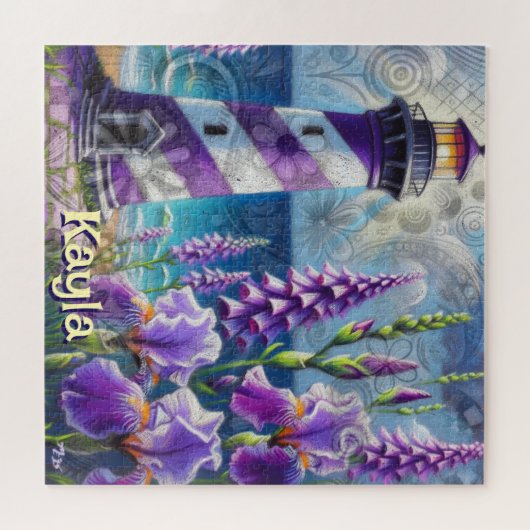 Lila Leuchtturm mit Foxglove & Iris Personalisiert Puzzle (Horizontal)