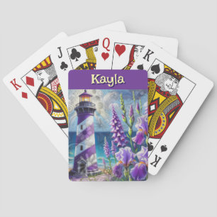 Lila Leuchtturm mit Foxglove & Iris Personalisiert Spielkarten