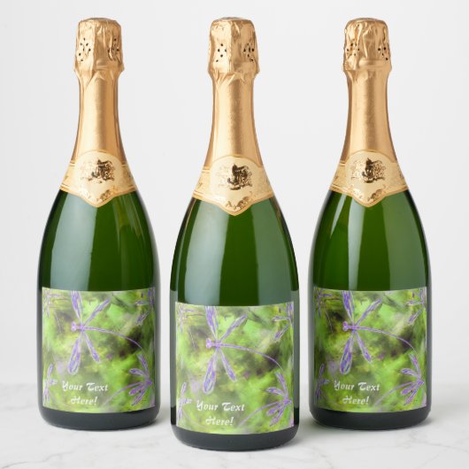 Lila Libellen auf Limonen Schaumweinetikett (Flaschen)