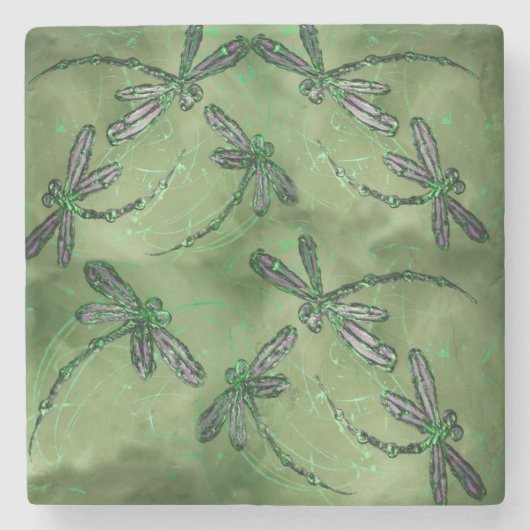 Lila Libellen auf Weich Grün Steinuntersetzer (Vorderseite)