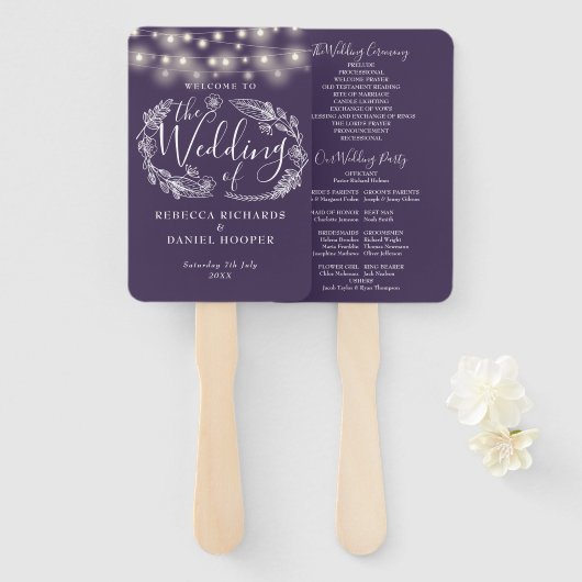 Lila Lichterkette Blumen Hochzeitsprogramm Fächer (Vorne und Hinten)