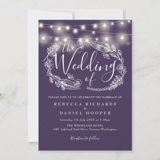 Lila Lichterkette Florale Schrift Hochzeit Einladung (Vorderseite)