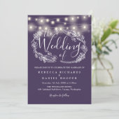 Lila Lichterkette Florale Schrift Hochzeit Einladung (Stehend Vorderseite)