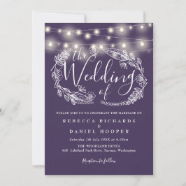 Lila Lichterkette Florale Schrift Hochzeit Einladung