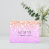 Lila Lichterkette funkelt Save Date Postkarte (Stehend Vorderseite)