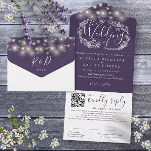 Lila Lichterkette QR-Code Hochzeit All In One Einladung