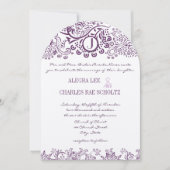 Lila Liebesgeburten Damask Monogram Hochzeiten Einladung (Vorderseite)
