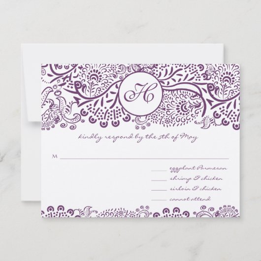 Lila Liebesgeburten Damask Monogram Weddings UAWG RSVP Karte (Rückseite)