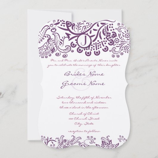 Lila Liebesgeburten Märchen Monogramm Hochzeiten Einladung (Vorderseite)