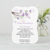 Lila Liebesvögel Wirbel Handgezeichnete Blumenzehe Einladung (Stehend Vorderseite)