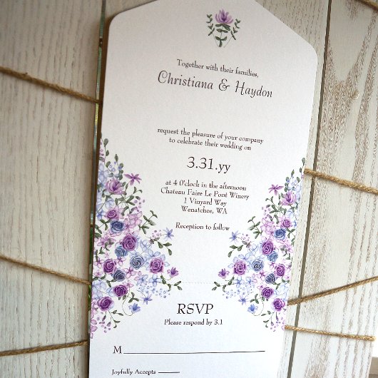 Lila, Light Blue Rose Garden Bouquet Wedding All In One Einladung