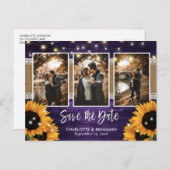 Lila Lights Sonnenblume 3 Foto Save the Date Ankündigungspostkarte (Vorne/Hinten)