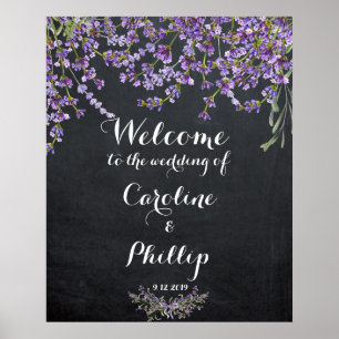 Lila lila Blumen Hochzeit Willkommensschild Kreide Poster