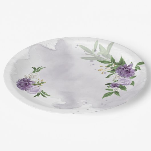 lila, lila Blumengrün Pappteller (Schrägansicht)