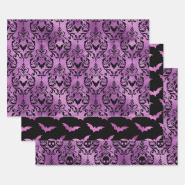 Lila Lila Fledermaus und Totenkopf Halloween Damas Geschenkpapier Set