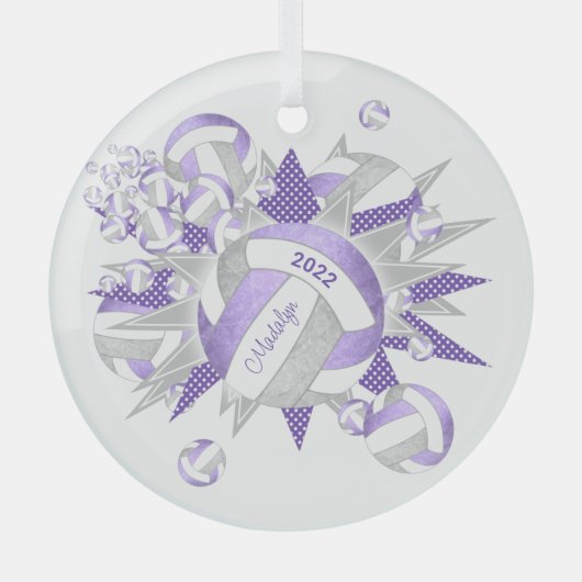 Lila lila graue gürtelige Volleybälle und Sterne Ornament Aus Glas (Vorderseite)