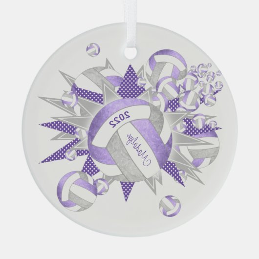 Lila lila graue gürtelige Volleybälle und Sterne Ornament Aus Glas (Rückseite)