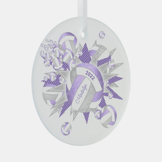 Lila lila graue gürtelige Volleybälle und Sterne Ornament Aus Glas (Vorderseite Rechts)