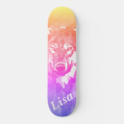 Lila lila-orange-abstrakte Aquarellwolf Skateboard (Vorderseite)