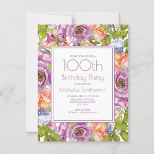 Lila Lila Orange Blau Floral 100. Geburtstag Einladung