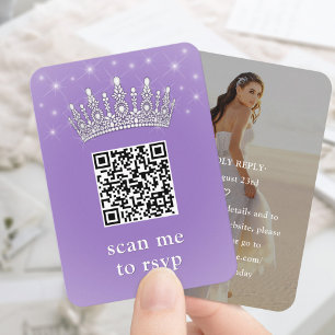 Lila-lila QR RSVP Quinceañera-Krone & Foto Begleitkarte