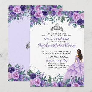 Lila Lila Silber Blumen Quinceanera Einladung