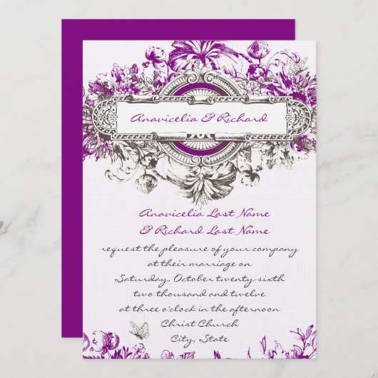 Lila lila Vintage Blumenhochzeits-Einladung Einladung (Vorne/Hinten)