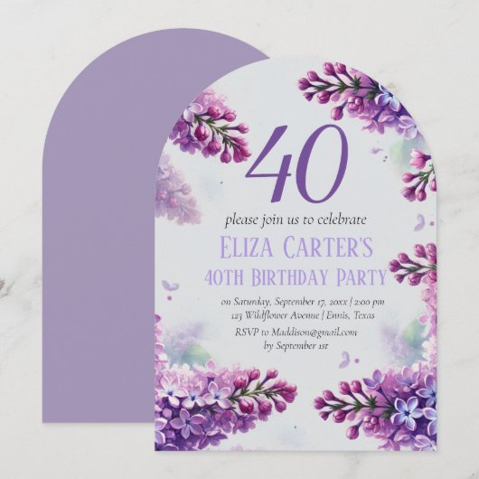 Lila Lilac 40. Floral Elegant Geburtstag Einladung (Vorne/Hinten)