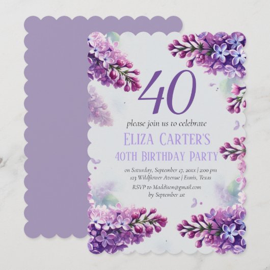 Lila Lilac 40. Floral Elegant Geburtstag Einladung (Vorne/Hinten)