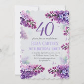 Lila Lilac 40. Floral Elegant Geburtstag Einladung (Vorderseite)