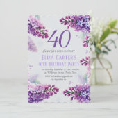 Lila Lilac 40. Floral Elegant Geburtstag Einladung (Stehend Vorderseite)