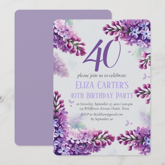 Lila Lilac 40. Floral Elegant Geburtstag Einladung (Vorne/Hinten)