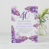 Lila Lilac 40. Floral Elegant Geburtstag Einladung (Stehend Vorderseite)