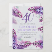 Lila Lilac 40. Floral Elegant Geburtstag Einladung (Vorderseite)
