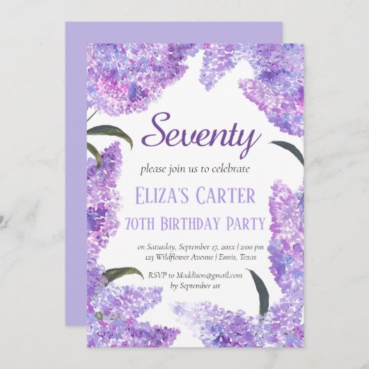 Lila Lilac 70. Siebzig Blumengestein Elegant Gebur Einladung (Vorne/Hinten)