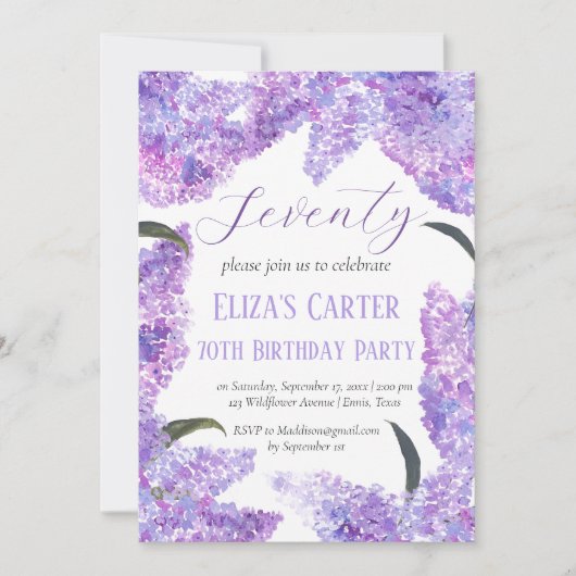 Lila Lilac 70. Siebzig Blumengestein Elegant Gebur Einladung (Vorderseite)
