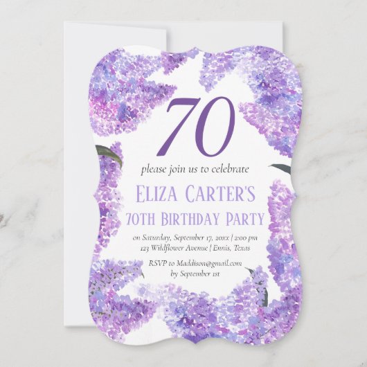 Lila Lilac 70th Floral Elegant Geburtstag Einladung (Vorderseite)