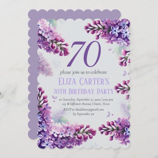 Lila Lilac 70th Floral Elegant Geburtstag Einladung (Vorne/Hinten)
