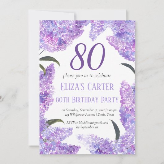 Lila Lilac 80. Floral Elegant Geburtstag Einladung (Vorderseite)