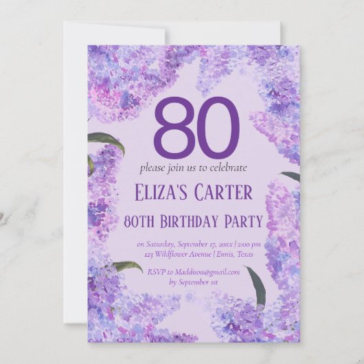 Lila Lilac 80. Floral Elegant Geburtstag Einladung (Vorderseite)