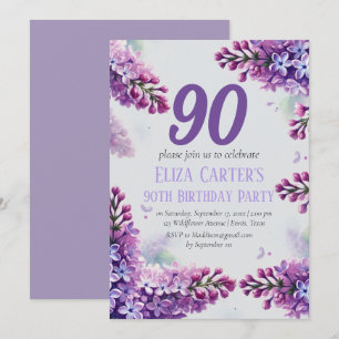 Lila Lilac 90th Floral Elegant Geburtstag Einladung