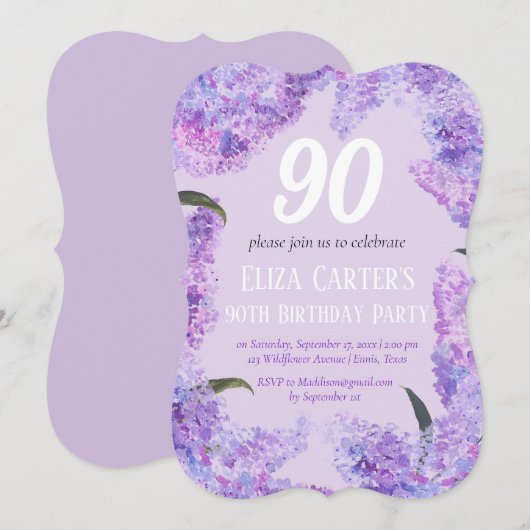 Lila Lilac 90th Floral Elegant Geburtstag Einladung (Vorne/Hinten)