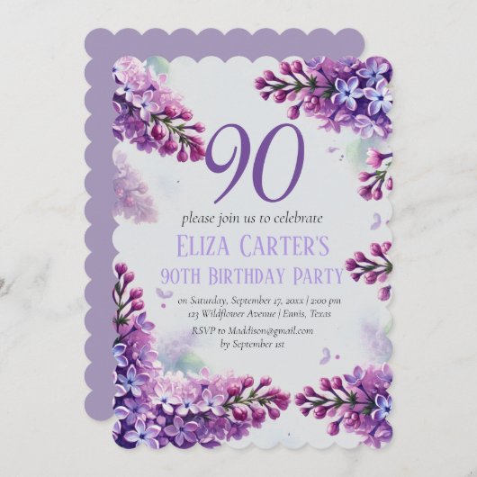 Lila Lilac 90th Floral Elegant Geburtstag Einladung (Vorne/Hinten)