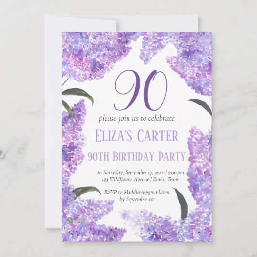 Lila Lilac 90th Floral Elegant Geburtstag Einladung (Vorderseite)