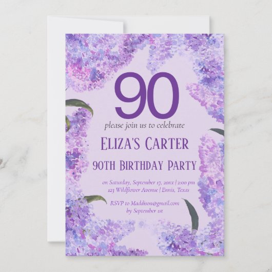 Lila Lilac 90th Floral Elegant Geburtstag Einladung (Vorderseite)
